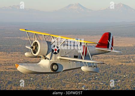 L'image montre un oiseau de guerre Grumman J-2F-6 Duck volant dans une photographie air-air avec une vue claire du cockpit et du pilote. Le J-2F-6 Duck est un biplan amphibie biplace monomoteur développé pour la Marine et la Garde côtière des États-Unis à la fin des années 1930 Il est propulsé par un moteur à pistons radiaux neuf cylindres Wright R-1820 Cyclone entraînant une hélice à pas fixe. Cet avion restauré porte l'immatriculation civile N3960C, numéro de série 33559, et est exploité dans le cadre de la collection Erickson Airshow. Le canard était utilisé pour des tâches de service public, de sauvetage, d'observation et de transport. opérations Banque D'Images