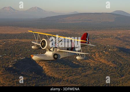 L'image montre un oiseau de guerre Grumman J-2F-6 Duck volant dans une photographie air-air avec une vue claire du cockpit et du pilote. Le J-2F-6 Duck est un biplan amphibie biplace monomoteur développé pour la Marine et la Garde côtière des États-Unis à la fin des années 1930 Il est propulsé par un moteur à pistons radiaux neuf cylindres Wright R-1820 Cyclone entraînant une hélice à pas fixe. Cet avion restauré porte l'immatriculation civile N3960C, numéro de série 33559, et est exploité dans le cadre de la collection Erickson Airshow. Le canard était utilisé pour des tâches de service public, de sauvetage, d'observation et de transport. opérations Banque D'Images