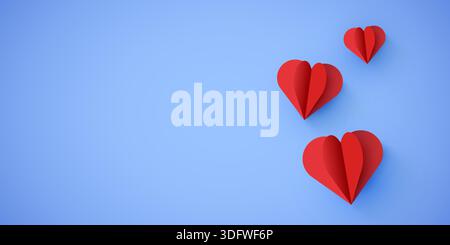 Cœurs romantiques en papier rouge sur fond bleu. Parfait pour la Saint-Valentin, l'amour et les cartes de voeux sucrés. Illustration vectorielle Illustration de Vecteur