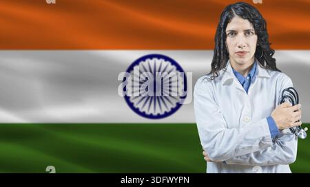 Système de santé national indien, professionnel médical sur fond de drapeau indien Banque D'Images
