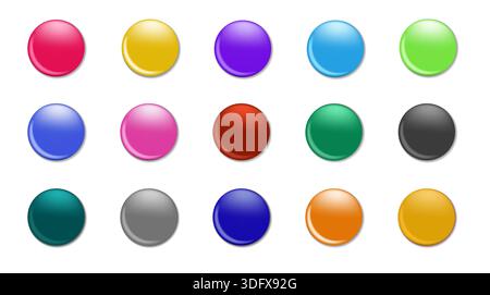 Jeu de punaises de couleur différente. Eléments de papeterie. Des punaises jaunes, bleues et rouges. Boutons ronds magnétiques. Illustration de Vecteur