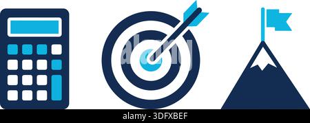 Icônes simples avec une calculatrice, une cible avec flèche et une montagne marquée d'un drapeau. Idéal pour les entreprises, la définition d'objectifs et les concepts axés sur la réalisation. Illustration de Vecteur