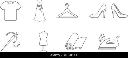 Ensemble d'icônes vectorielles montrant des éléments de mode essentiels comme des vêtements, des fournitures de couture et des accessoires. Ressource graphique parfaite pour les points d'accès des détaillants Illustration de Vecteur