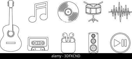 Un ensemble complet d'icônes vectorielles couvrant les instruments de musique, les supports d'enregistrement et la technologie audio moderne. Idéal pour la conception graphique, web Illustration de Vecteur