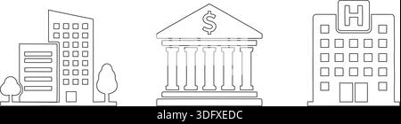 Ensemble de trois icônes minimalistes dessinées à la main représentant des institutions urbaines essentielles. Inclus sont un gratte-ciel / complexe de bureaux commerciaux, un cl Illustration de Vecteur