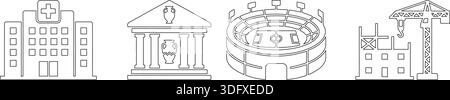 Illustrations montrant différents types de bâtiments, y compris un hôpital, un musée, un stade et un chantier de construction avec grue. Illustration de Vecteur
