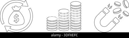 Dessin au trait représentant un sac d'argent avec des flèches, des pièces empilées et un aimant attirant les pièces, symbolisant la croissance financière et l'attraction des investissements. Illustration de Vecteur
