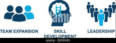 Illustration présentant des icônes représentant l'expansion de l'équipe, le développement des compétences et le leadership dans des contextes commerciaux et de gestion. Illustration de Vecteur