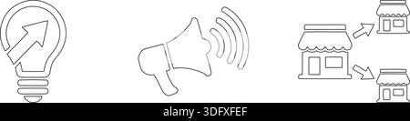 Dessin au trait minimaliste représentant la croissance, le marketing et l'expansion de l'entreprise avec une ampoule, un mégaphone et des vitrines. Illustration de Vecteur