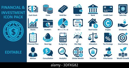 Jeu d'icônes bleu représentant divers concepts financiers et d'investissement. Idéal pour les présentations, les sites Web et les applications liées à la finance et aux investisseurs Illustration de Vecteur