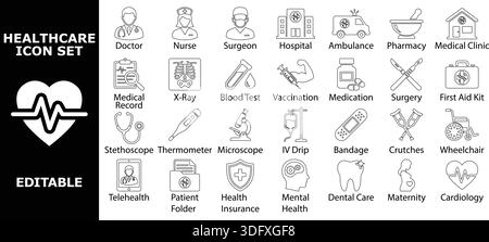 Collection complète d'icônes de soins de santé et de services médicaux essentiels. Parfait pour les interfaces Web, les applications, les infographies et les présentations d'entreprise Illustration de Vecteur