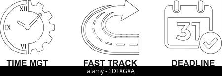 Illustration présentant des symboles pour la gestion du temps, la voie rapide et les délais, mettant l'accent sur les concepts de productivité et d'efficacité. Illustration de Vecteur