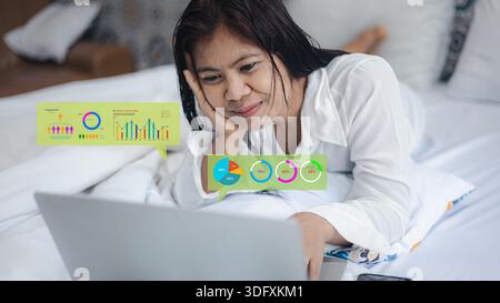 Heureuse femme d'affaires asiatique allongée sur le lit à l'aide d'un ordinateur portable avec des graphiques de données financières holographiques. Concept de travail à distance intelligent, de commerce en ligne et numérique Banque D'Images
