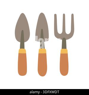 Illustration du jeu d'outils à main avec pelle, bêche et fourche, idéal pour les tutoriels de culture, les postes de préparation du sol et le contenu agricole de cour arrière Illustration de Vecteur