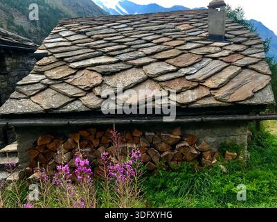 Une maison de montagne typique très ancienne au Tessin avec un toit traditionnel en ardoise et entouré d'une végétation luxuriante Banque D'Images