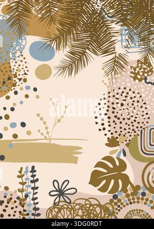 Affiche botanique abstraite Boho avec une feuille de palmier dessinée à la main, bannière de fond abstrait sur le mur dans des tons bruns avec des feuilles de palmier. Dessiné à la main. Pas IA Illustration de Vecteur