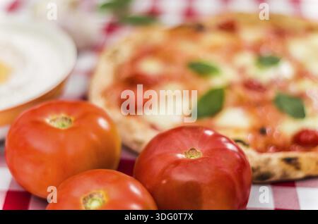 Grand fond pour les thèmes culinaires, pizza faite à la main avec saveur de Marguerite sur fond de serviette de style italien à carreaux avec différents ingrédients Banque D'Images