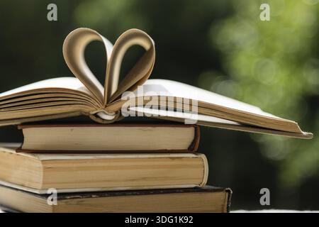 Pile de livres sur la table dans le jardin avec le dessus ouvert et les pages formant la forme de coeur Banque D'Images