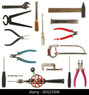 Ancienne collection d'outils utilisés isolé sur fond blanc Banque D'Images
