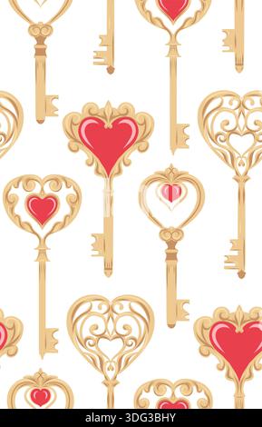 Vecteur modèle sans couture avec des clés dorées avec des coeurs. Texture festive avec des touches en métal vintage en rangée sur fond blanc. Symbole Saint-Valentin pour Wal Illustration de Vecteur