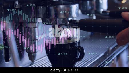 Tirer la dose du chef du groupe machine espresso au café, montrant le porte-filtre, la tasse noire, la superposition des données Banque D'Images