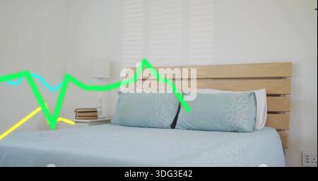 Montrant un grand lit avec tête de lit, couette bleue, oreillers brodés, gribouillettes au néon sur la chambre Banque D'Images