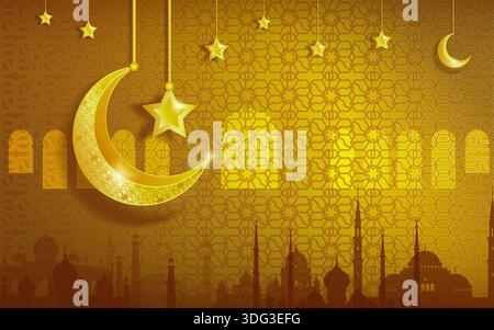 Heureux festival du nouvel an islamique de muharram avec fond doré. Vecteur d'ornement islamique. Design créatif pour le jour de célébration ramadan kareem ou eid al Illustration de Vecteur