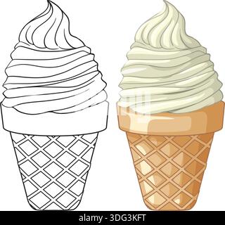 Deux illustrations vectorielles de cônes de crème glacée à la vanille, y compris une version ligne noire Illustration de Vecteur