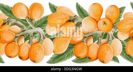 Bordure sans couture de fruits ou de baies. Narguilé ou argousier. Fruits ronds oranges sur les branches. Illustration aquarelle. Dessiné à la main. Isolé de Banque D'Images