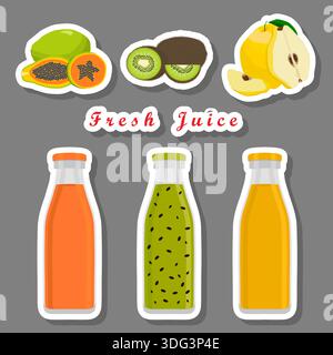 Illustration sur le thème de l'ensemble bouteilles multicolores avec jus de coing savoureux, kit bouteilles composé de jus de coing naturel liquide, jus de coing à neuf Illustration de Vecteur