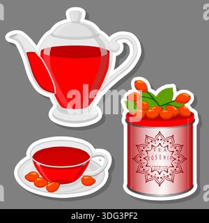 Illustration sur l'ensemble de thème de Teakettle pour le thé savoureux avec la berge rouge, thé dans la teakettle près de Rosehip il accessoire de collection sur la cuisine, frais s Illustration de Vecteur
