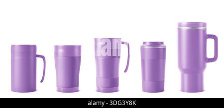 Ensemble gobelet violet avec maquette de tasse de voyage réaliste. Set de tasses isothermes avec poignée et couvercle pour le café ou l'eau. Flacons thermos en acier inoxydable, flacons réutilisables pour la marque de l'entreprise Illustration de Vecteur