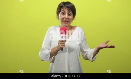 Femme tenant un microphone rouge et faisant des gestes la main ouverte tout en souriant et haussant les épaules contre un écran vert de studio ; livraison ludique spontanée. Banque D'Images