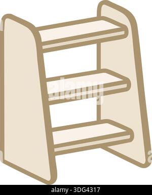Une étagère en bois compacte à trois niveaux avec des côtés arrondis, idéale pour le stockage ou l'affichage dans un espace confortable. Illustration de Vecteur