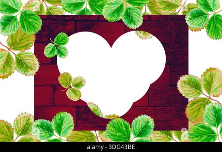 Peinture aquarelle feuilles tropicales, carte, bannières, illustration sur papier vert, rouge, couleur jaune de la feuille de fraise et beau brillant, mur de briques, coeur Banque D'Images