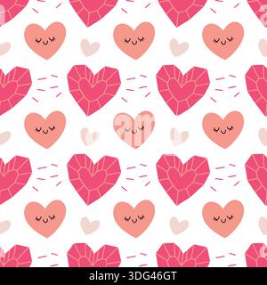 Joli motif sans couture avec des coeurs kawaii dans les couleurs rose et pêche. Parfait pour les arrière-plans de Saint-Valentin, papier d'emballage, tissu, papeterie et ki Illustration de Vecteur