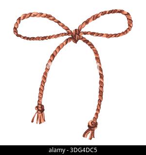 Arc en corde marron, peint à la main à l'aquarelle. Style vintage. Isolé. Fond blanc. Convient pour l'impression, la conception et l'emballage. Banque D'Images
