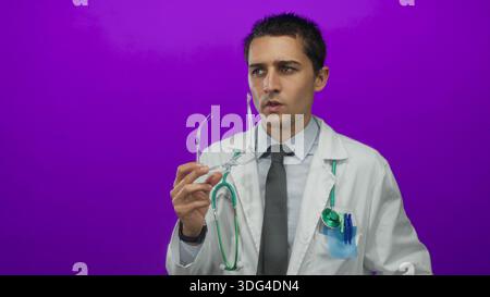 Jeune médecin masculin hispanique en uniforme avec stéthoscope contemplant au-dessus des lunettes sur fond violet isolé mettant en valeur l'accent professionnel et Banque D'Images