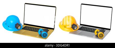 Ordinateurs portables avec des écrans vierges entourés de casques de construction, respirateurs et protections auditives isolés sur fond blanc avec chemin de clipping, symbolisant w Banque D'Images