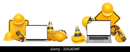 Ordinateurs portables avec des écrans vierges entourés de casques de construction, cônes et panneaux d'avertissement isolés sur fond blanc avec chemin de détourage, symbolisant WO Banque D'Images