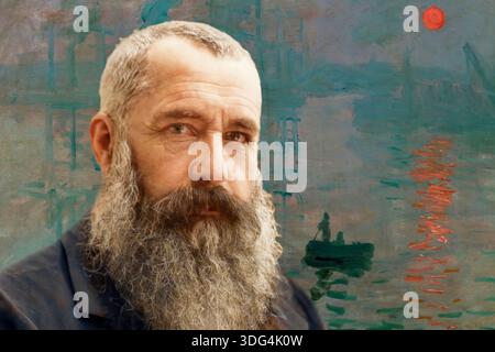 Portrait de Claude Monet, 1840 – 1926, peintre français et fondateur de l’impressionnisme, avec sa peinture „ impression, Soleil levant ou impression, Sunrise, 1872,“ en arrière-plan, optimisée numériquement à partir d’une photographie de Nadar, colorée par la suite Banque D'Images