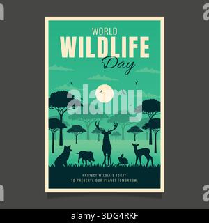 Affiche verticale de la Journée mondiale de la vie sauvage avec silhouettes d'animaux forestiers renard et lapin dans les bois. Illustration de Vecteur