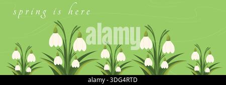 Fond large horizontal avec des fleurs blanches en forme de goutte de neige dans un style plat. Illustration de Vecteur