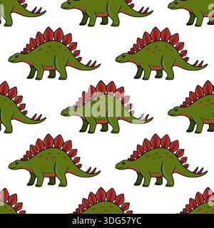 Motif vectoriel sans couture de dinosaures Stegosaurus verts mignons avec des plaques rouges, illustration préhistorique ludique Illustration de Vecteur