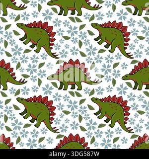 Modèle vectoriel sans couture de dinosaures Stegosaurus verts mignons avec des fleurs et des feuilles bleues Illustration de Vecteur