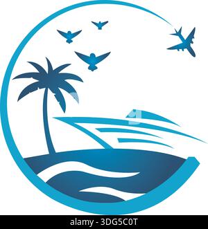 Un surfeur dans un logo de vague avec des palmiers sur le dessus Illustration de Vecteur