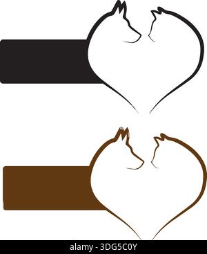 Chat et chien en forme de coeur rouge, concept d'amour pour animaux de compagnie, illustration d'art au trait Illustration de Vecteur
