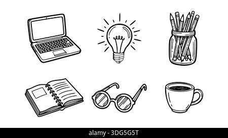 Un ensemble de vecteurs de dessin au trait minimaliste complet d'icônes essentielles de productivité éducative et bureautique. Illustration de Vecteur