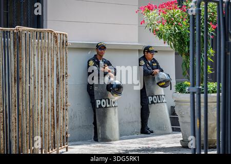 Lima, Pérou--26 janvier 2025. Policiers debout dans les postes de garde derrière des boucliers en plexiglas. Banque D'Images