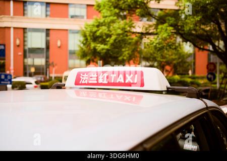 Gros plan du signe de taxi sur un toit de voiture avec un bâtiment et des arbres en arrière-plan. Shanghai, Chine Banque D'Images